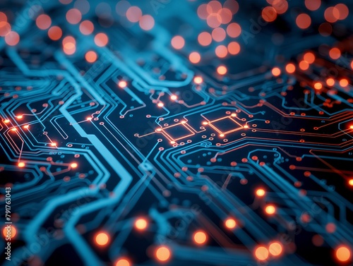 A close up of a circuit board with a blue background and orange lines. Concept of technology and innovation, as well as the complexity of the electronic components