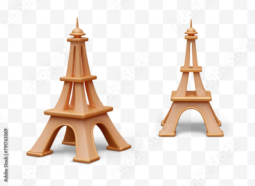 Realistic Eiffel Tower, front and side view. Set of isolated vector illustrations