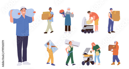 Delivery man cartoon characters isolated big set, people holding goods for shipment on white