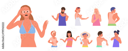 Adult people and children cartoon characters having problem with sunburned skin isolated set