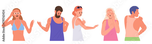 Diverse people cartoon characters with sunburn of different shape set isolated on white background