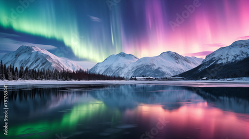 A spectacular view of the night sky in Alaska, featuring a vibrant, swirling display of the Aurora Borealis above a distant mountain range photo