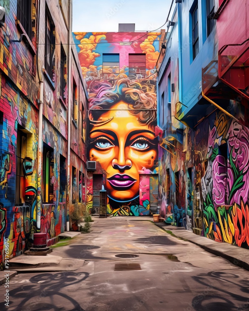 Fototapeta premium A colorful mural of a woman's face in an urban alleyway