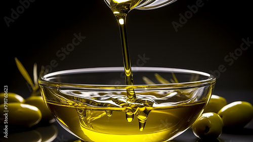 Pouring olive oil into glass bowl with olives around on a dark background. Close-up studio shot. Mediterranean cuisine and healthy eating concept for design and print.