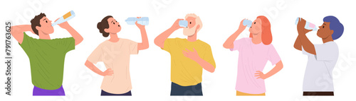 Different people cartoon characters drinking water from glasses, plastic and glass bottles set
