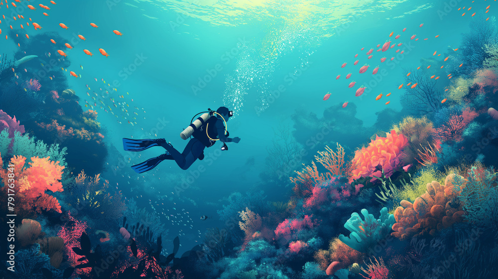 Scuba diver on seabed with tropical coral reef Scuba diver on seabed with tropical coral reef