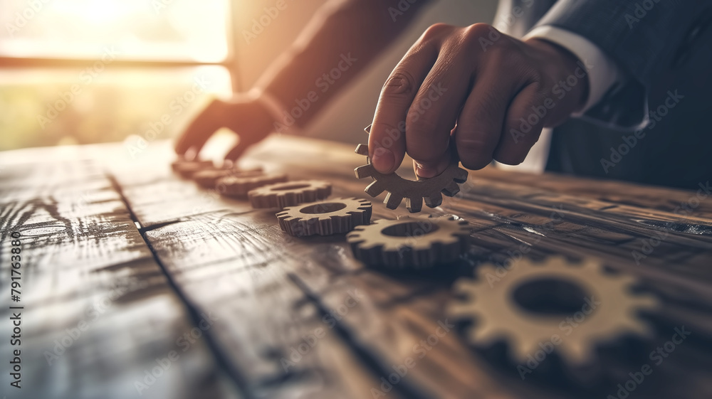 Businessperson aligning gears on a wooden table with sunlight. Close-up conceptual shot. Business strategy and teamwork concept for design and print. Businessperson aligning gears on a wooden table with sunlight. Close-up conceptual shot. Business strategy and teamwork concept for design and print.