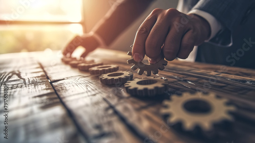 Businessperson aligning gears on a wooden table with sunlight. Close-up conceptual shot. Business strategy and teamwork concept for design and print.