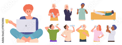 Diverse people cartoon characters drinking water at home, on walk, during sport workout big set