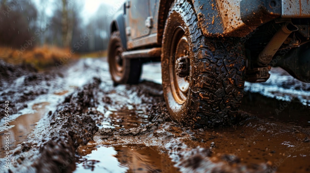 Car wheel on dirt road. Off-road tire covered with mud, dirt terrain. Outdoor, adventures and travel suv. Car tire close-up in countryside landscape with a muddy road. Four wheel truck in mud. Car wheel on dirt road. Off-road tire covered with mud, dirt terrain. Outdoor, adventures and travel suv. Car tire close-up in countryside landscape with a muddy road. Four wheel truck in mud.