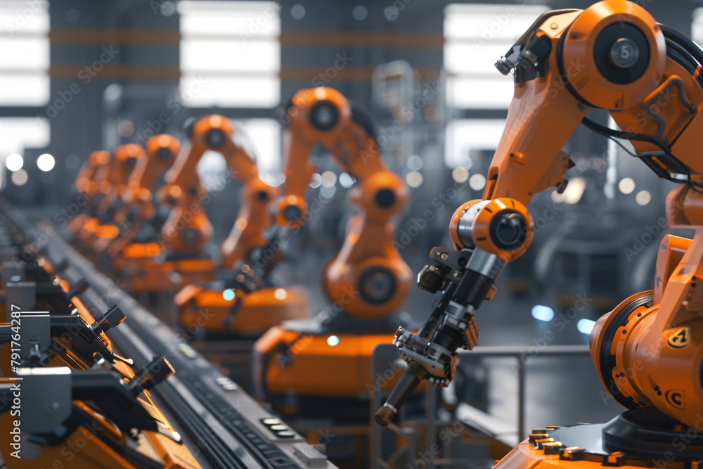Row of industrial robots in an automated factory Row of industrial robots in an automated factory