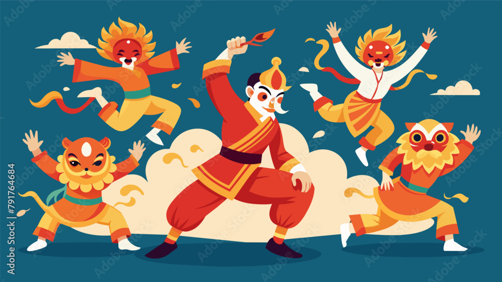 Naklejka premium A traditional lion dance performance showcases the martial arts skills of the dancers as they leap and spin in intricate formations.