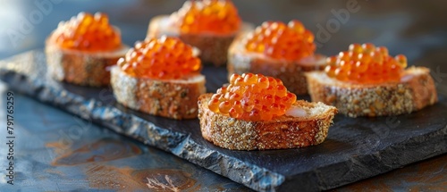Luminous spheres of caviar rest on bread slices, a slate serving board beneath them, highlighting rich textures and colors. photo
