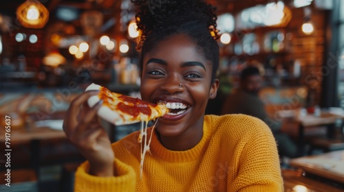 Woman Enjoying a Delicious Pizza Slice