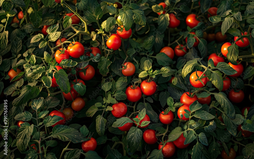 Clusters of juicy, red tomatoes stand out against the deep green foliage, casting dramatic shadows and highlighting their luscious appeal.