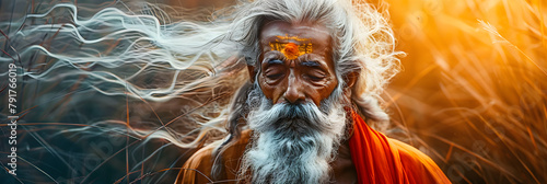 The enlightened guru. A mesmerizing painting of a man with flowing white hair and a majestic beard, embodying wisdom and serenity. Reflecting a spiritual master immersed in meditation and yoga photo