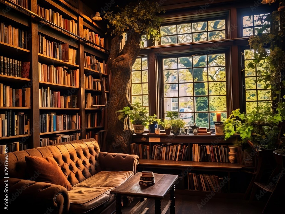 A library with a large window, a couch, and a tree growing in the middle of it.