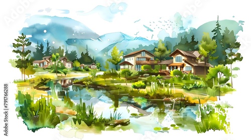 Tranquil Eco-Village: A Watercolor Symbolizing Environmental Care and Sustainable Living