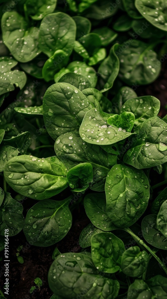 Dense green spinach foliage emerges from the soil, adorned with droplets that glisten like diamonds in the light. Dense green spinach foliage emerges from the soil, adorned with droplets that glisten like diamonds in the light.