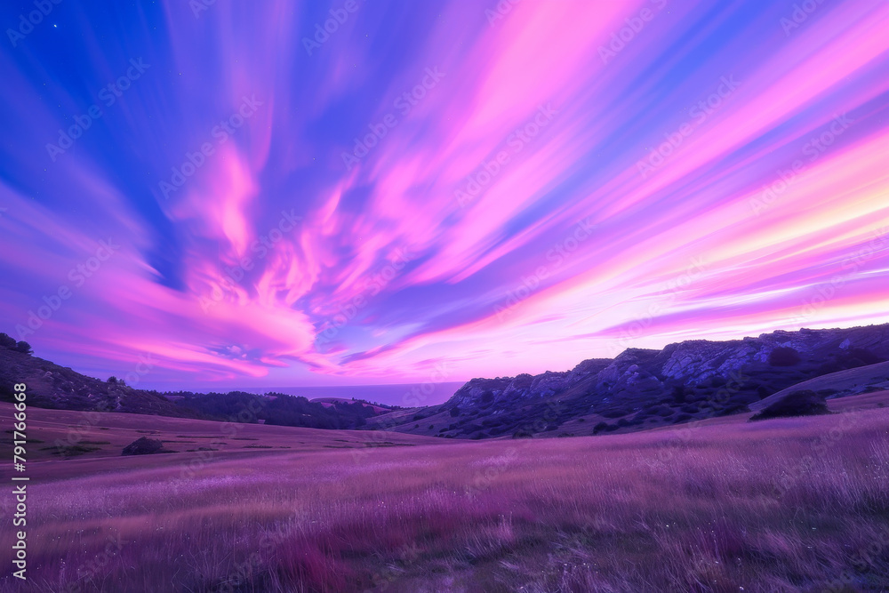 A purple sky with clouds and a field of grass