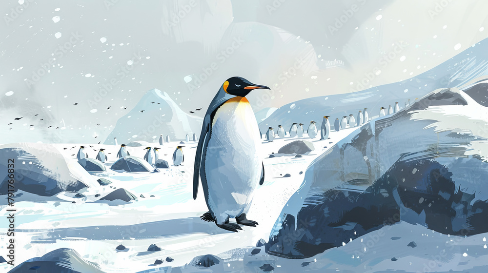 Fototapeta premium A penguin stands in the snow next to a group of penguins
