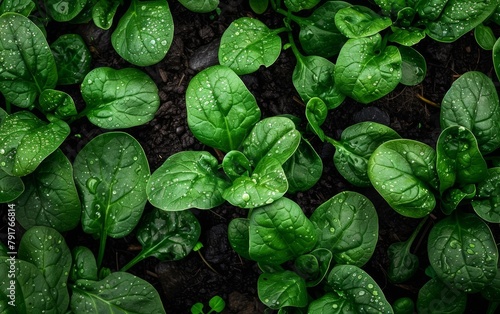 Plump, verdant spinach leaves sparkle with a multitude of glistening dew drops, showcasing the fresh and dewy vitality of this nutritious vegetable. photo