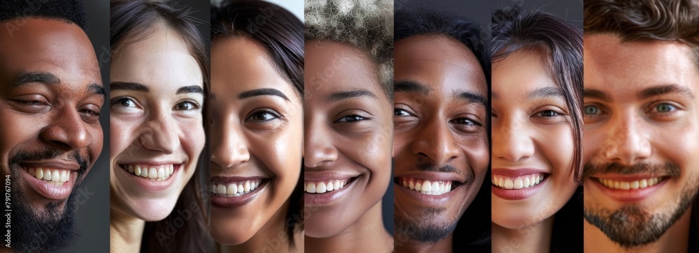 A panoramic view of seven individuals of various ethnic backgrounds, all featuring engaging smiles and a friendly demeanor. A panoramic view of seven individuals of various ethnic backgrounds, all featuring engaging smiles and a friendly demeanor.