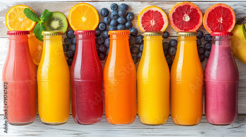 Bottles of Fruits smoothies with various ingredients on white wooden background, top view. Superfoods and healthy lifestyle or detox diet food concept.