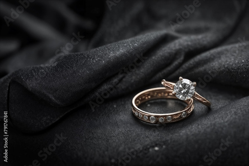 Anelli di gioielleria con diamanti su tessuto nero- lusso e raffinatezza photo