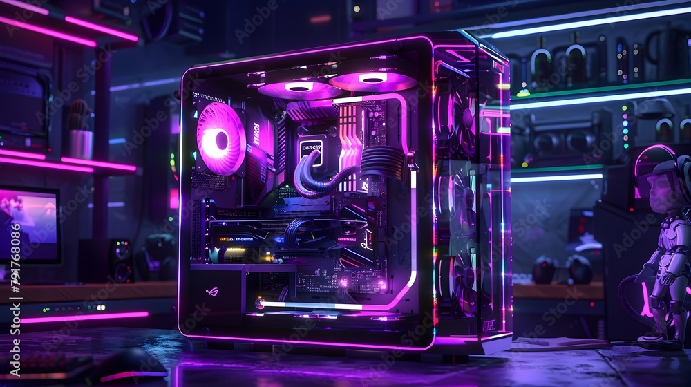 Custom-built Gaming Rig with Transparent Chassis showcasing Vibrant RGB Lighting and Advanced Custom-built Gaming Rig with Transparent Chassis showcasing Vibrant RGB Lighting and Advanced