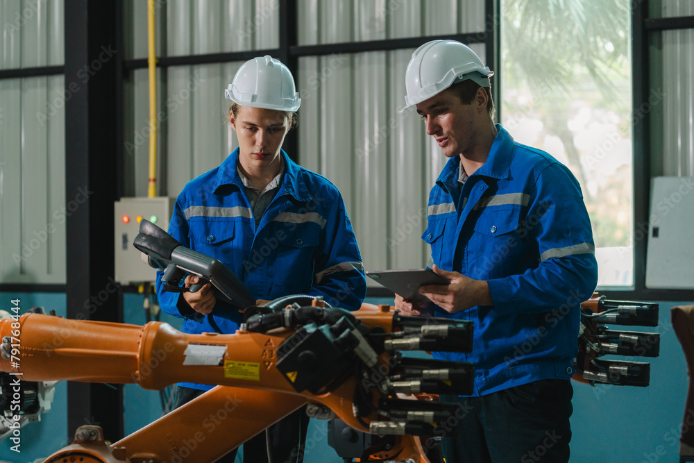 Teamwork of engineers men inspecting the Check quality of compact desktop robotic arm Engineer work at robotic arm factory. Technology and engineering concept. Teamwork of engineers men inspecting the Check quality of compact desktop robotic arm Engineer work at robotic arm factory. Technology and engineering concept.