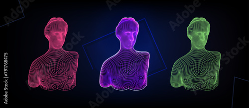 Modern style Venus wireframe low poly. Greek classic ancient of Venus, antique greek sculpture set. Various neon antique statues bust. Vector illustrations isolated . Eps 10