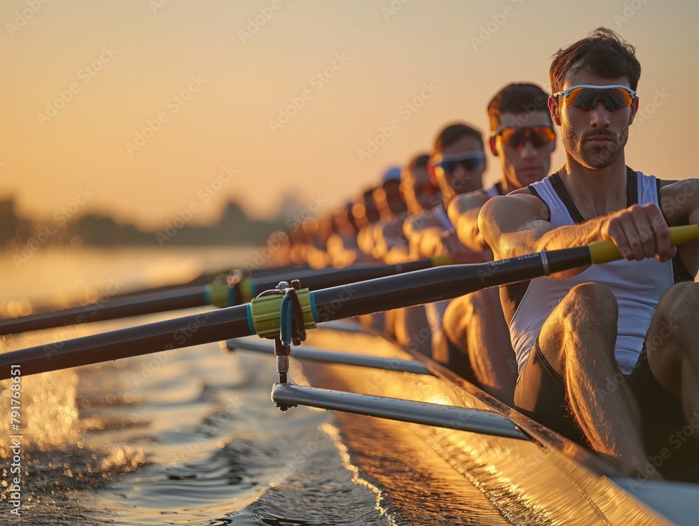 A group of rowers are rowing a boat in the water. The man in the front ...