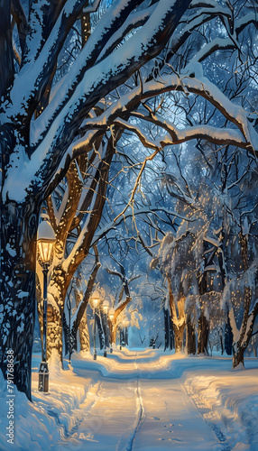 Winter scene with snowcovered trees, street light, and a snowy park