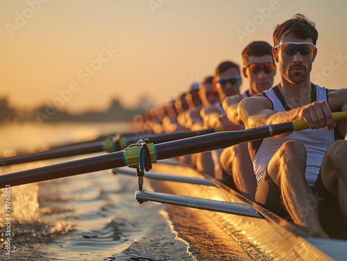 A group of rowers are rowing a boat in the water. The man in the front row is wearing a black and yellow oar