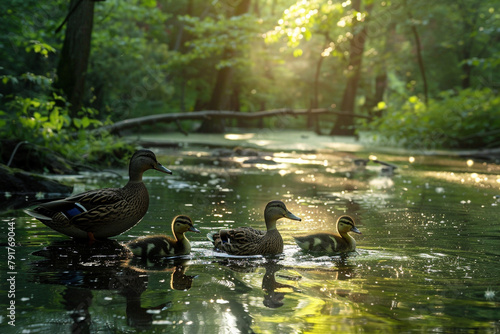 A family of ducks waddling along the edge of a sun-dappled pond.