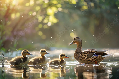 A family of ducks waddling along the edge of a sun-dappled pond.