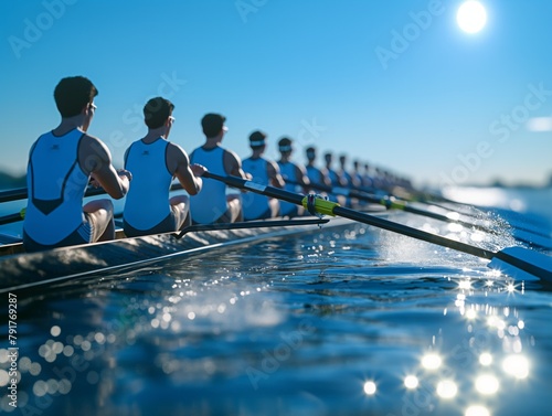 A group of rowers are sitting in a boat on a lake. The sun is shining on the water, creating a beautiful reflection. Scene is peaceful and serene, as the rowers are enjoying their time on the water photo