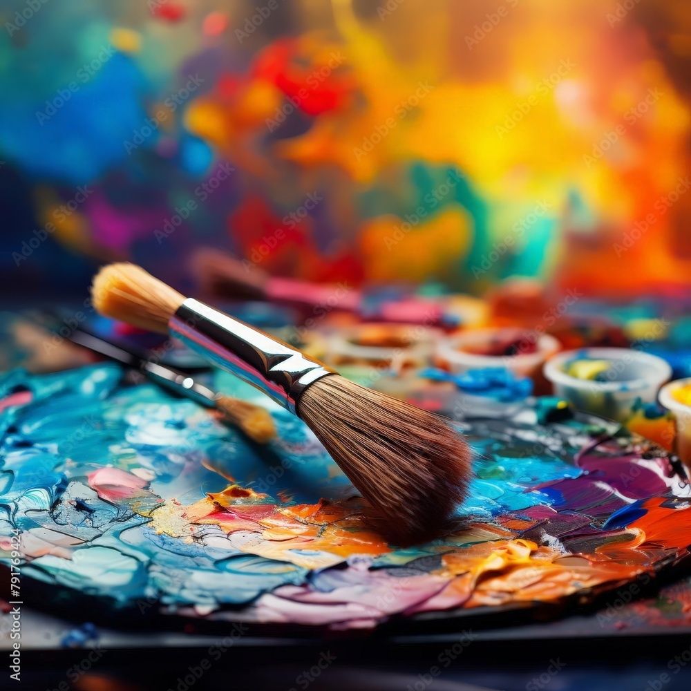 Obraz premium artistic paintbrush lays palette rainbow oil paint.