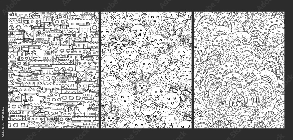 Naklejka premium Doodle coloring pages bundle. Adorable templates set for coloring book in US Letter format with boats, sun characters and rainbows. Vector illustration