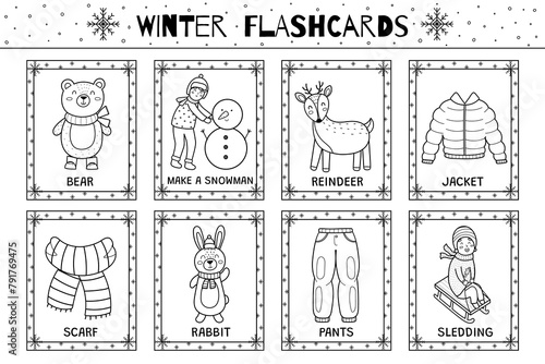 Winter flashcards black and white collection for kids. Flash cards set in outline with cute characters for school and preschool. Vector illustration
