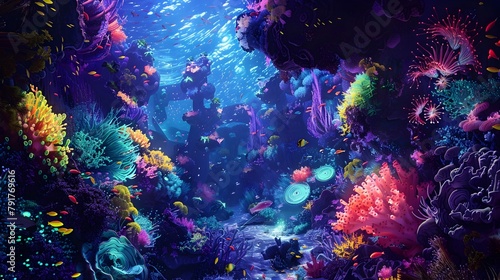 Ethereal Underwater World A Surreal D of Bioluminescent Creatures and Vibrant Coral Reefs #791769616