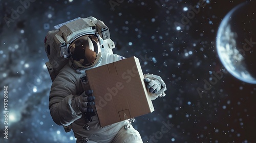 A whimsical and imaginative portrayal of an astronaut floating in space, humorously delivering a cardboard box, merging the realms of space exploration and everyday tasks.