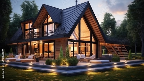 Fototapeta Naklejka Na Ścianę i Meble -  3d rendering nice modern style wood house in beautiful village