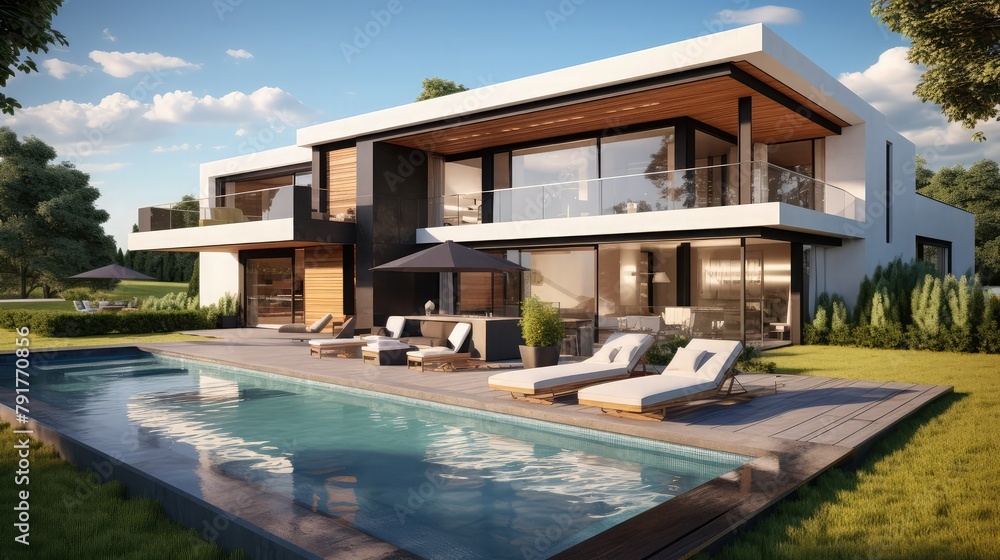 3d rendering of an upscale modern villa with pool and garden