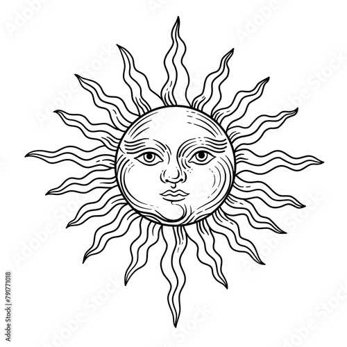 Vintage retro illustration drawing of the sun with human face with beams. 