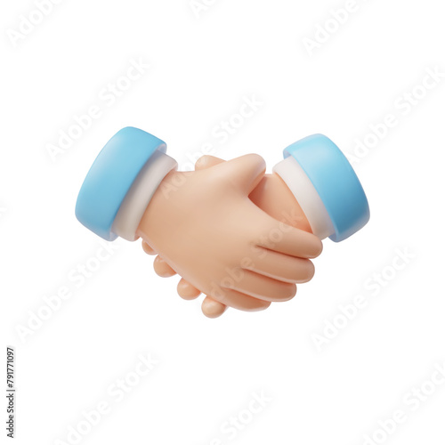 3D handshake, hold hands with blue sleeve vector icon, cartoon partnership arm gesture, greetings or support, agreement