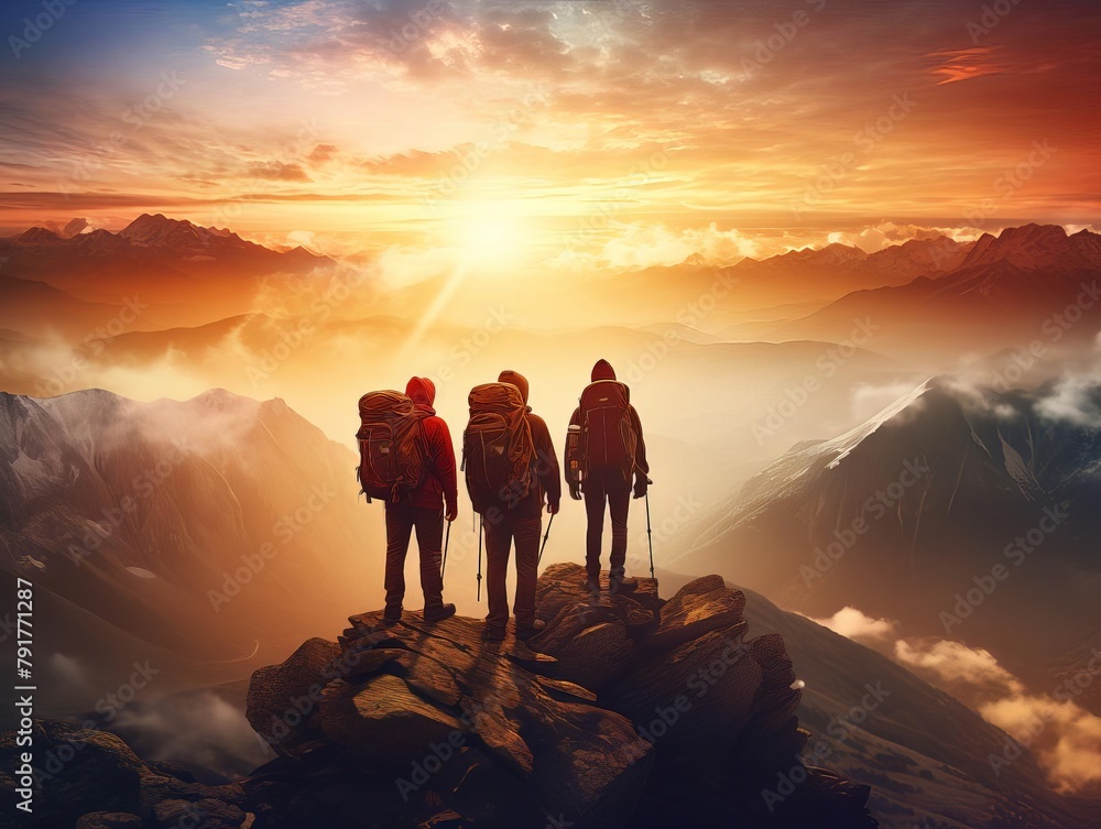 Three hikers on a mountaintop at sunset