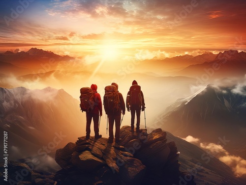 Three hikers on a mountaintop at sunset