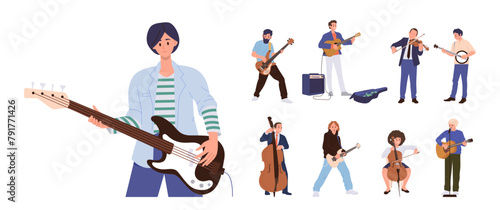 Happy talented people musicians cartoon characters playing different string music instrument big set